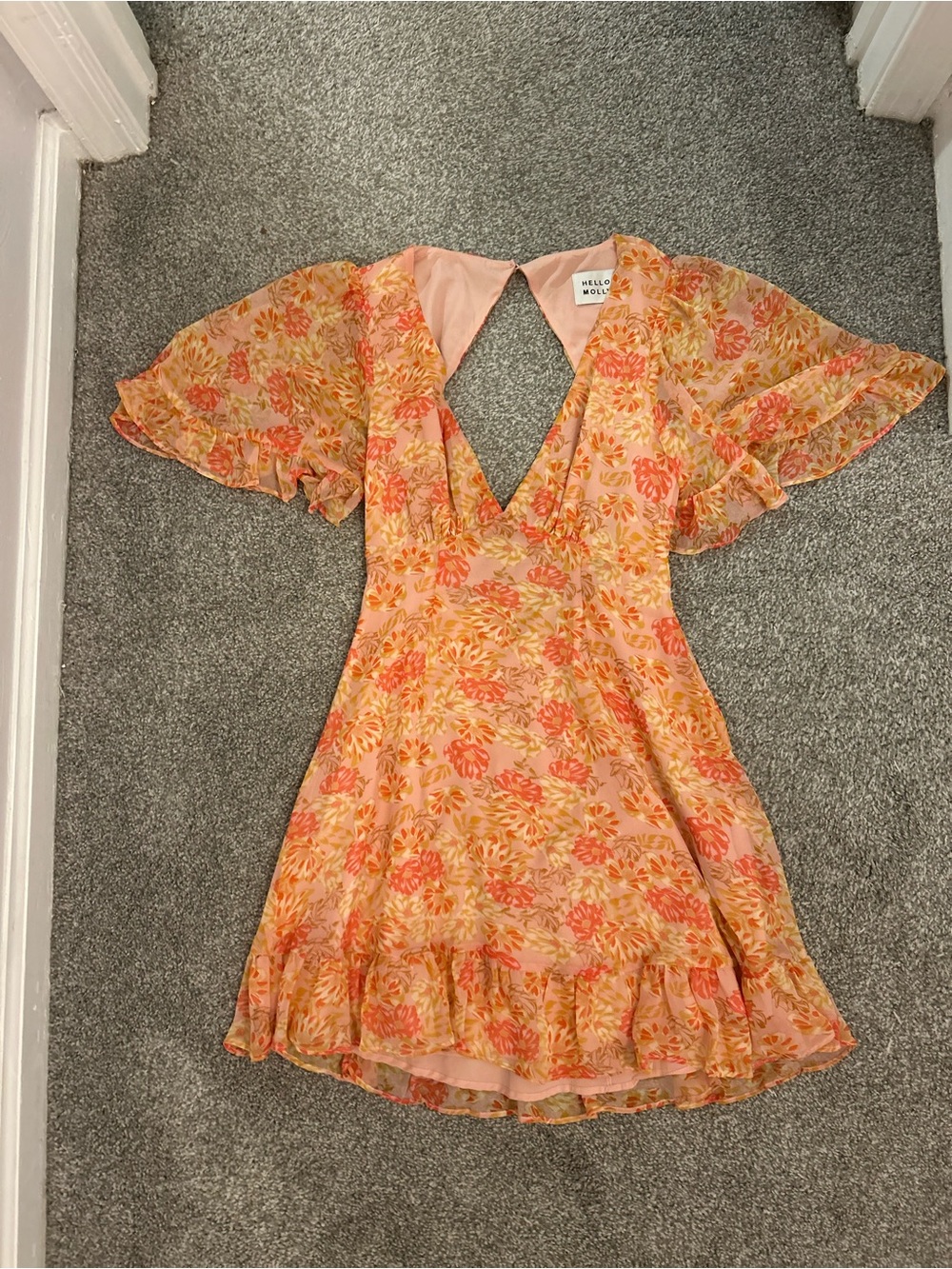 Hello Molly Peach Floral V-Neck Ruffle Mini Dress